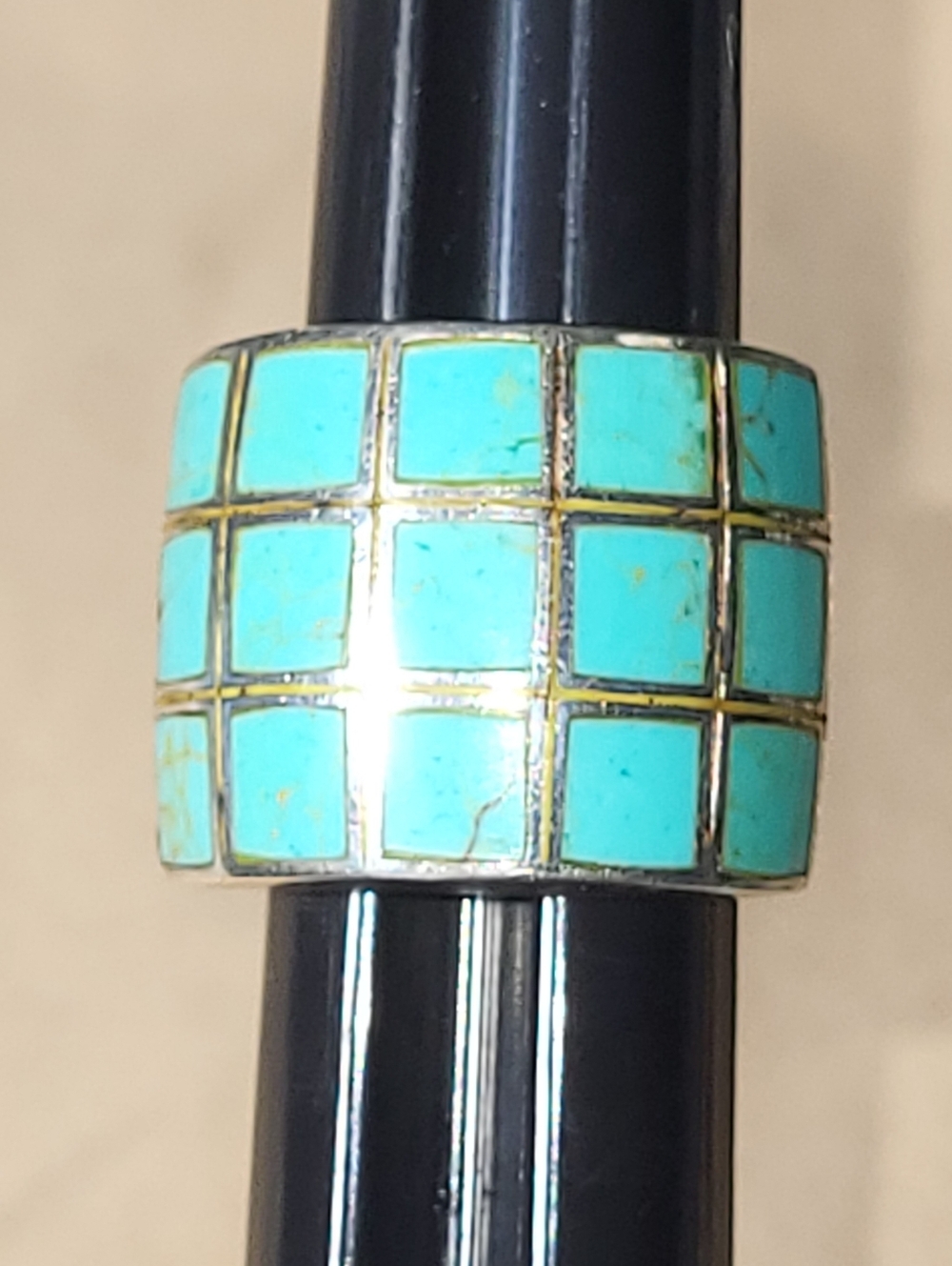 Vintage 925 Sterling & Turquoise Inlay Grid Band Ring - Women Jewelry Sz 6 1/4